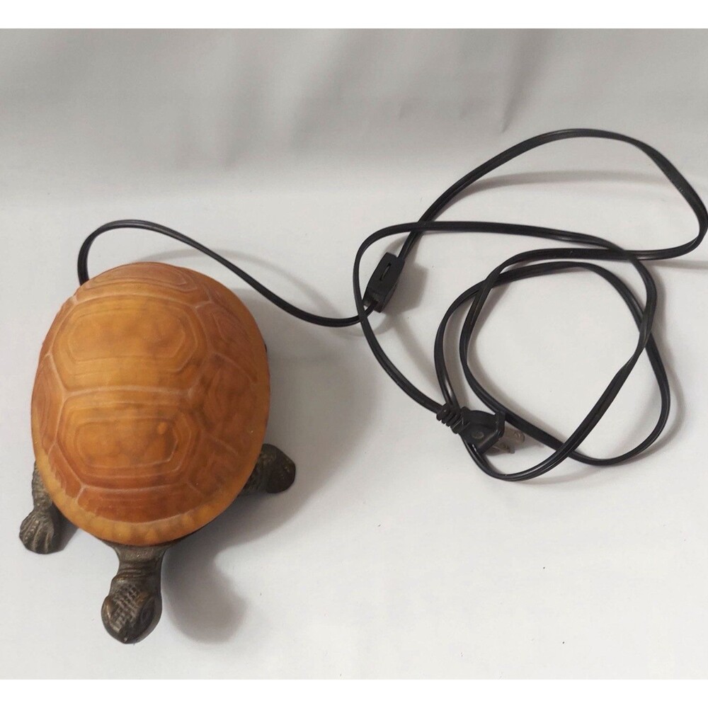 Vintage Turtle Lamp Tiffany Style Amber Art Glass Brass Base Night Light 1990's - Picture 4 of 7